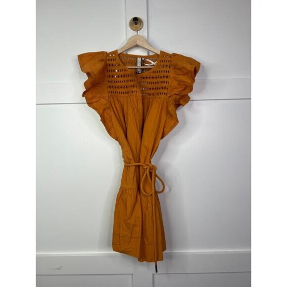 NWT Scarlet Poppies Flutter Sleeve Ishrant Short Dress Golden Oak Size: Medium - Picture 2 of 8